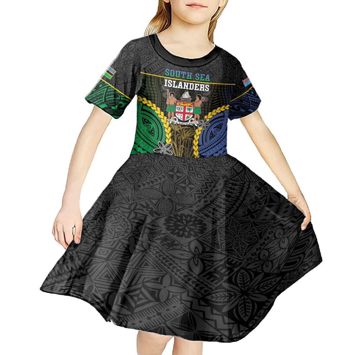 Personalised South Sea Islanders And Fiji Kid Short Sleeve Dress Kanakas Fijian Tapa Pattern
