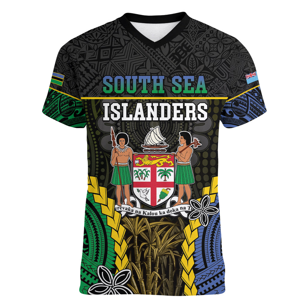 Personalised South Sea Islanders And Fiji Women V-Neck T-Shirt Kanakas Fijian Tapa Pattern