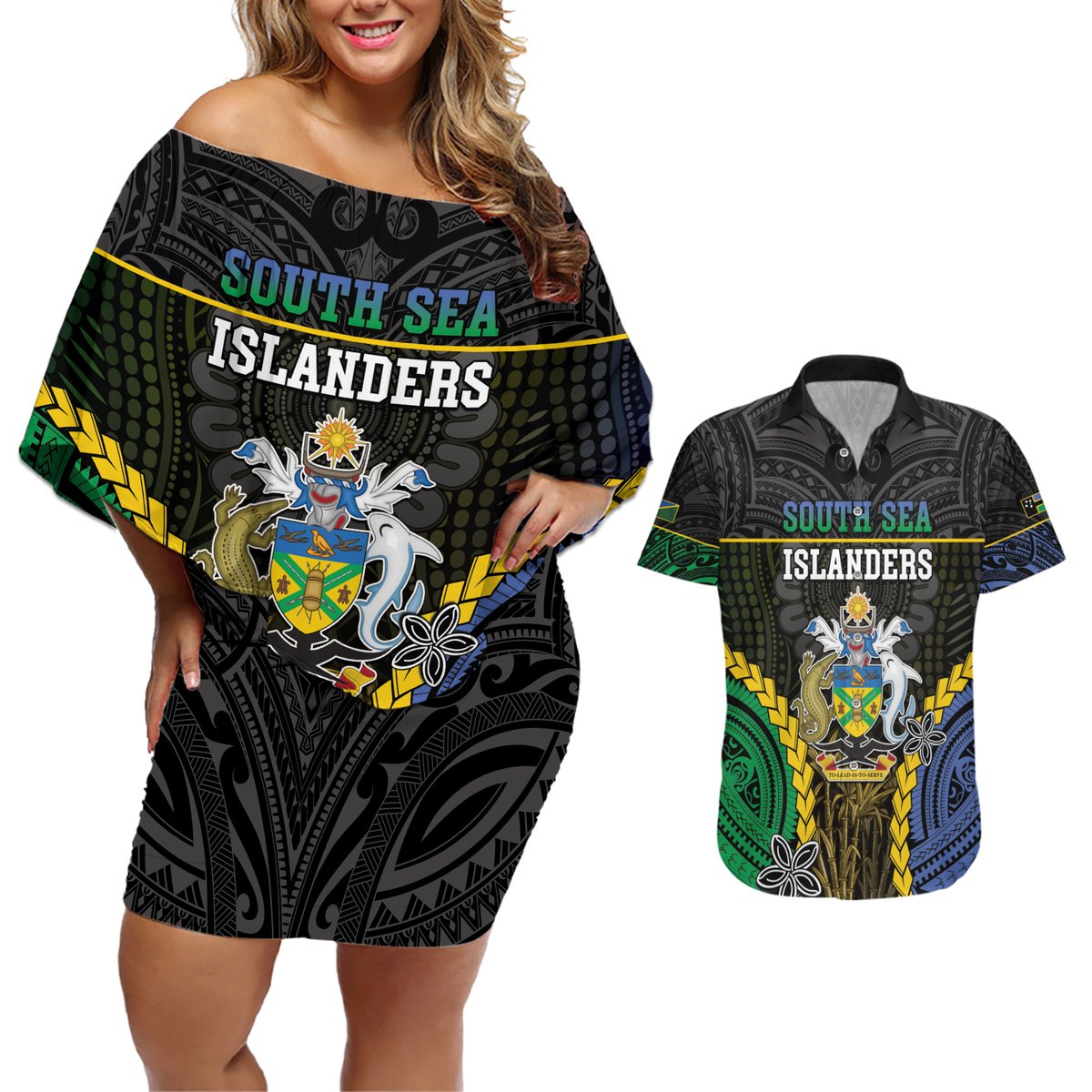 Personalised South Sea Islanders And Solomon Islands Couples Matching Off Shoulder Short Dress and Hawaiian Shirt Kanakas Polynesian Pattern LT05 Black - Polynesian Pride
