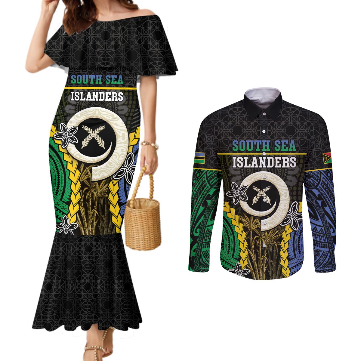 Personalised South Sea Islanders And Vanuatu Couples Matching Mermaid Dress and Long Sleeve Button Shirt Kanakas Sand Drawing Pattern
