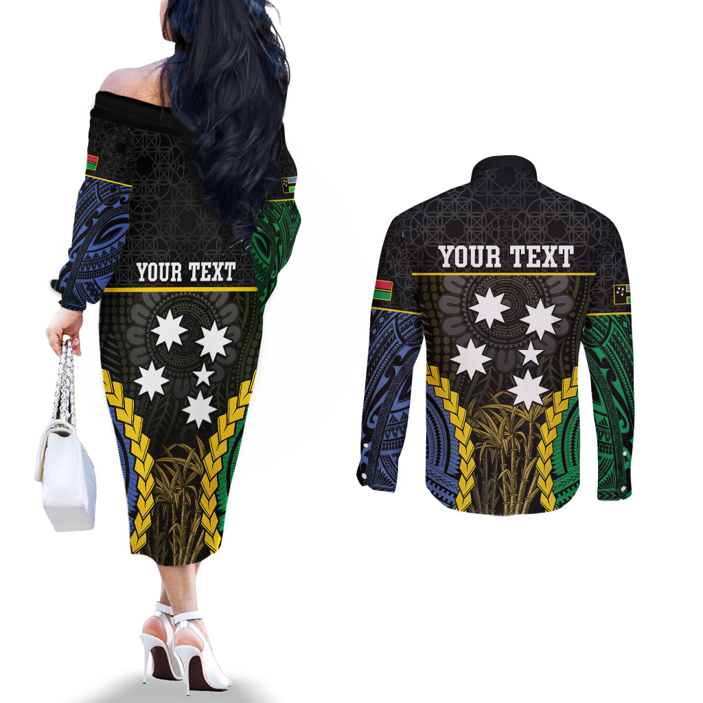 Personalised South Sea Islanders And Vanuatu Couples Matching Off The Shoulder Long Sleeve Dress and Long Sleeve Button Shirt Kanakas Sand Drawing Pattern LT05 - Polynesian Pride