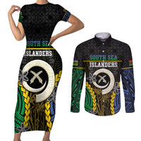 Personalised South Sea Islanders And Vanuatu Couples Matching Short Sleeve Bodycon Dress and Long Sleeve Button Shirt Kanakas Sand Drawing Pattern LT05 Black - Polynesian Pride