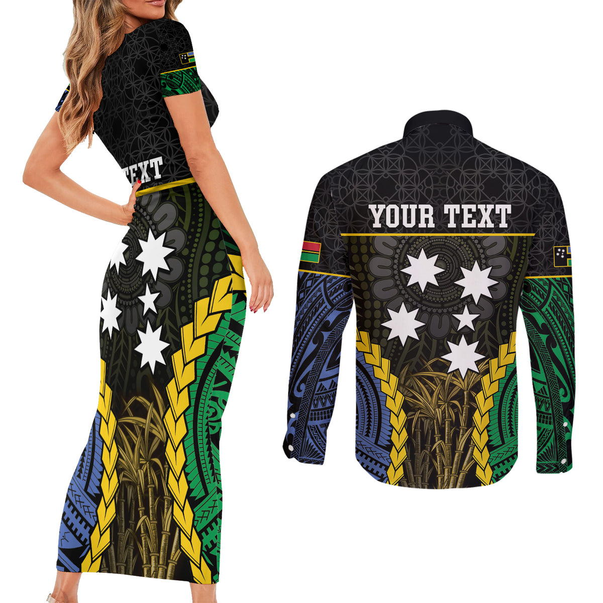 Personalised South Sea Islanders And Vanuatu Couples Matching Short Sleeve Bodycon Dress and Long Sleeve Button Shirt Kanakas Sand Drawing Pattern LT05 - Polynesian Pride