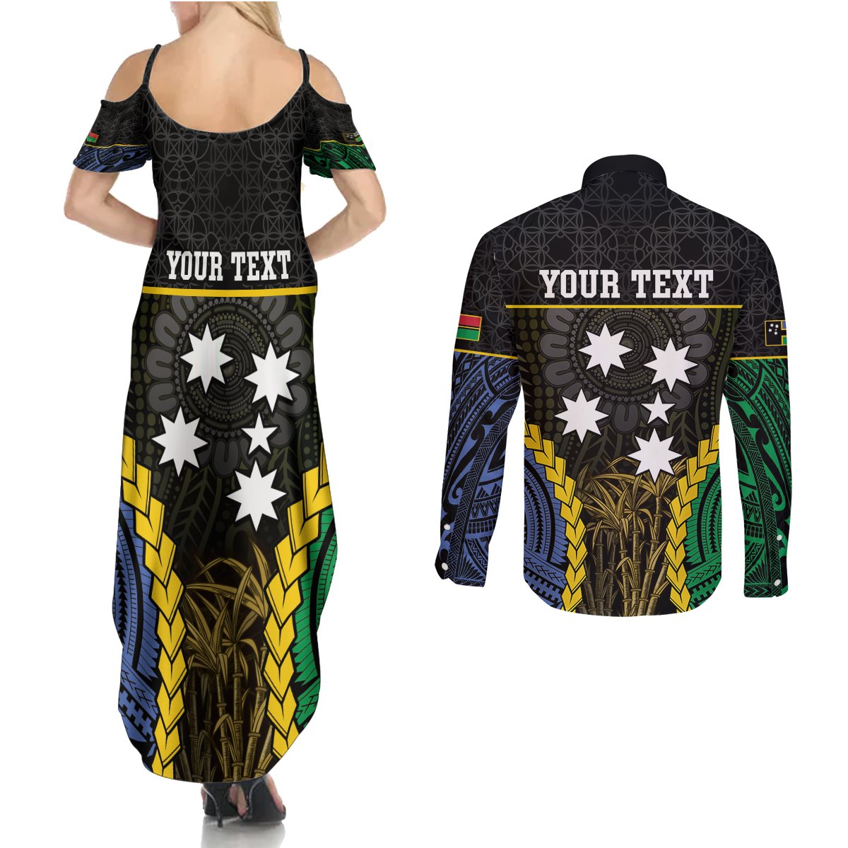 Personalised South Sea Islanders And Vanuatu Couples Matching Summer Maxi Dress and Long Sleeve Button Shirt Kanakas Sand Drawing Pattern