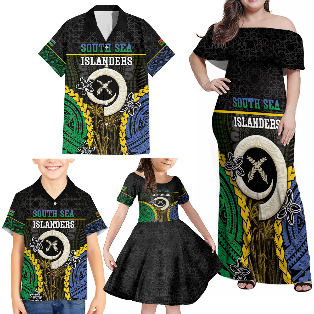 Personalised South Sea Islanders And Vanuatu Family Matching Off Shoulder Maxi Dress and Hawaiian Shirt Kanakas Sand Drawing Pattern LT05 - Polynesian Pride
