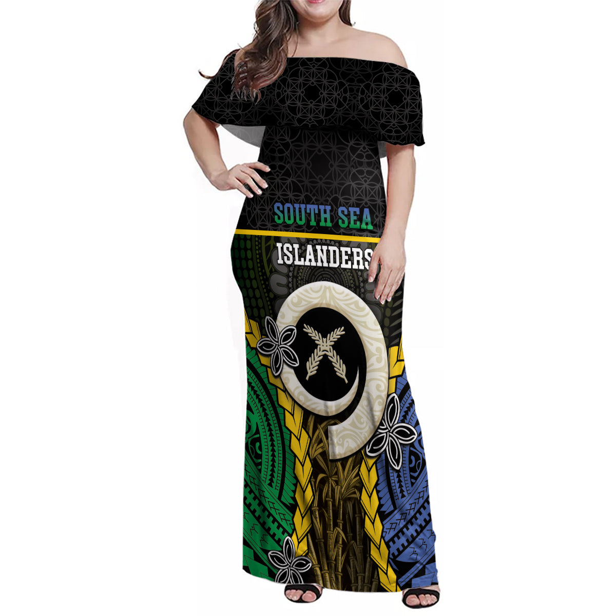 Personalised South Sea Islanders And Vanuatu Family Matching Off Shoulder Maxi Dress and Hawaiian Shirt Kanakas Sand Drawing Pattern LT05 Mom's Dress Black - Polynesian Pride