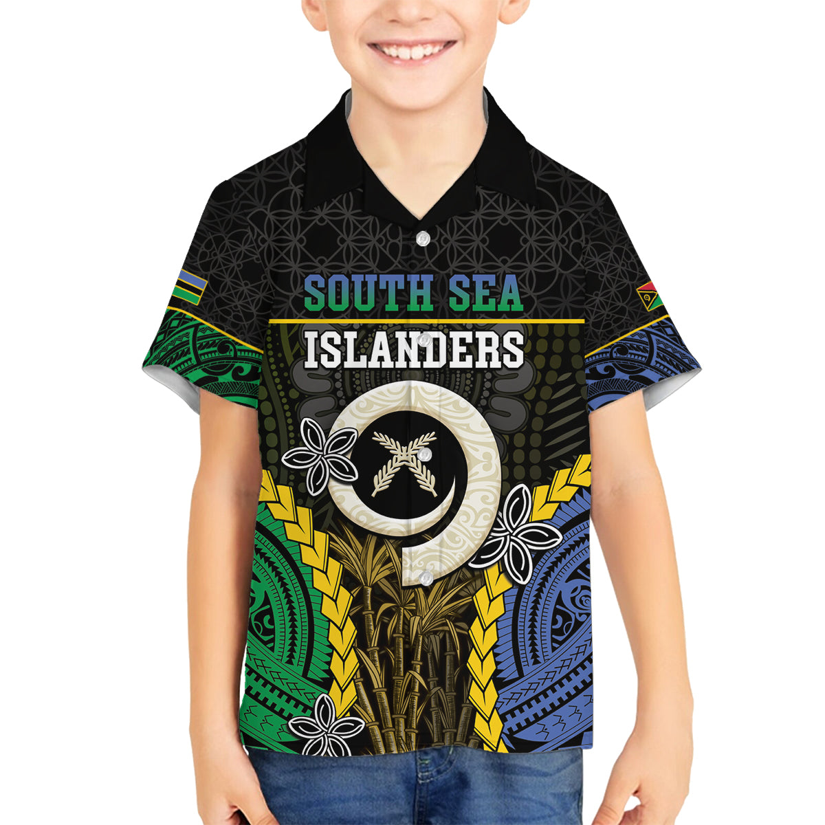 Personalised South Sea Islanders And Vanuatu Family Matching Off Shoulder Maxi Dress and Hawaiian Shirt Kanakas Sand Drawing Pattern LT05 Son's Shirt Black - Polynesian Pride