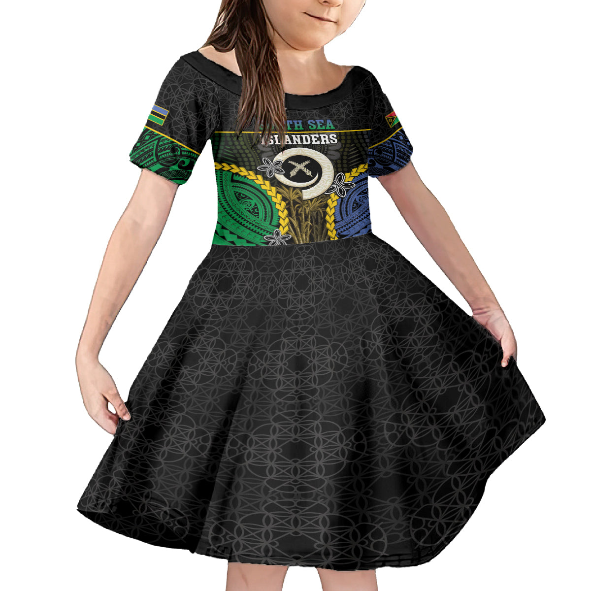 Personalised South Sea Islanders And Vanuatu Family Matching Puletasi and Hawaiian Shirt Kanakas Sand Drawing Pattern LT05 Daughter's Dress Black - Polynesian Pride