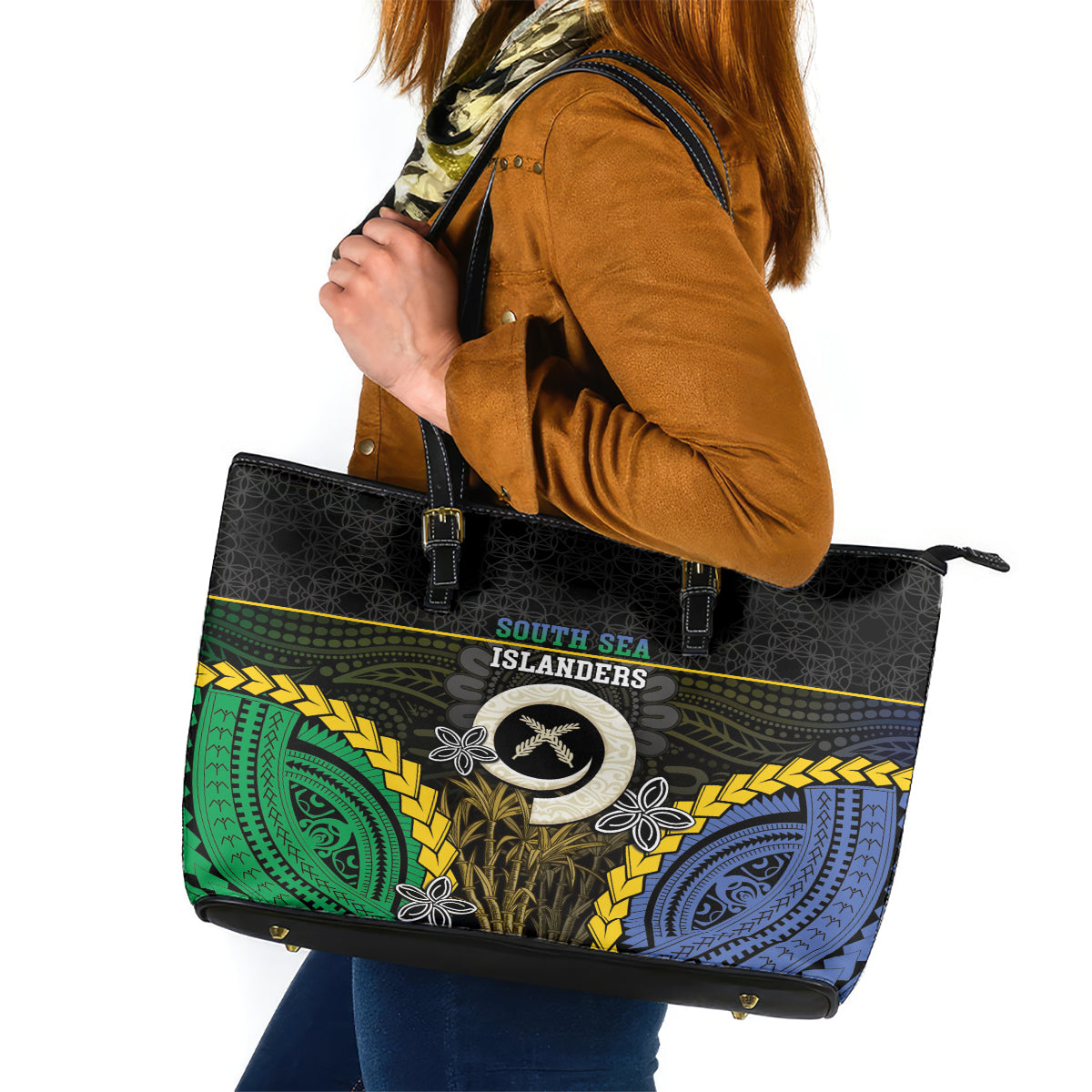 South Sea Islanders And Vanuatu Leather Tote Bag Kanakas Sand Drawing Pattern LT05 Black - Polynesian Pride