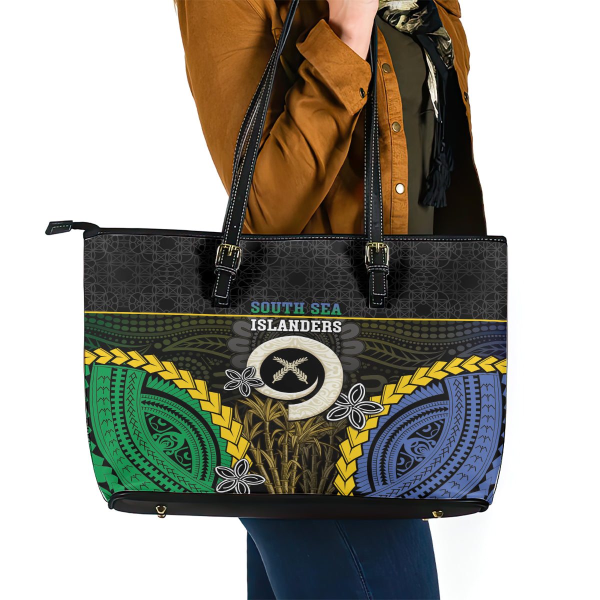 South Sea Islanders And Vanuatu Leather Tote Bag Kanakas Sand Drawing Pattern LT05 - Polynesian Pride