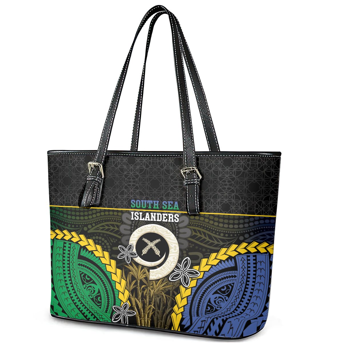 South Sea Islanders And Vanuatu Leather Tote Bag Kanakas Sand Drawing Pattern LT05 - Polynesian Pride