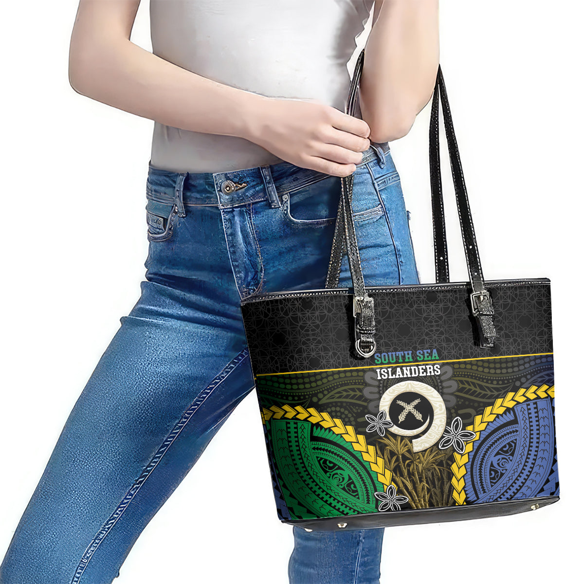 South Sea Islanders And Vanuatu Leather Tote Bag Kanakas Sand Drawing Pattern LT05 - Polynesian Pride