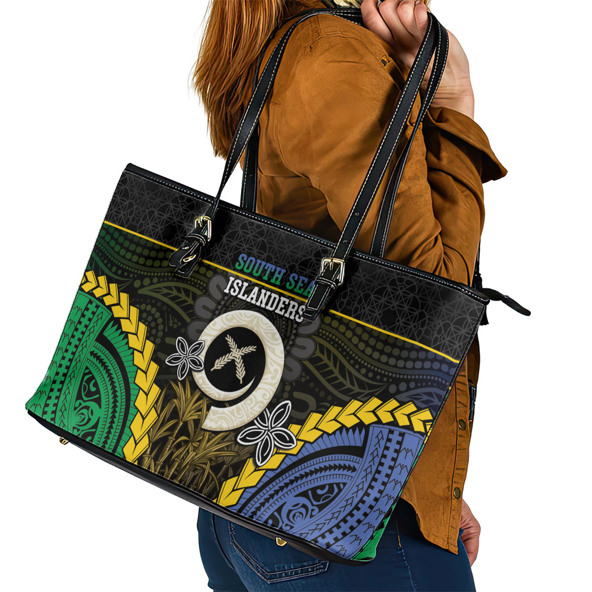 South Sea Islanders And Vanuatu Leather Tote Bag Kanakas Sand Drawing Pattern LT05 - Polynesian Pride