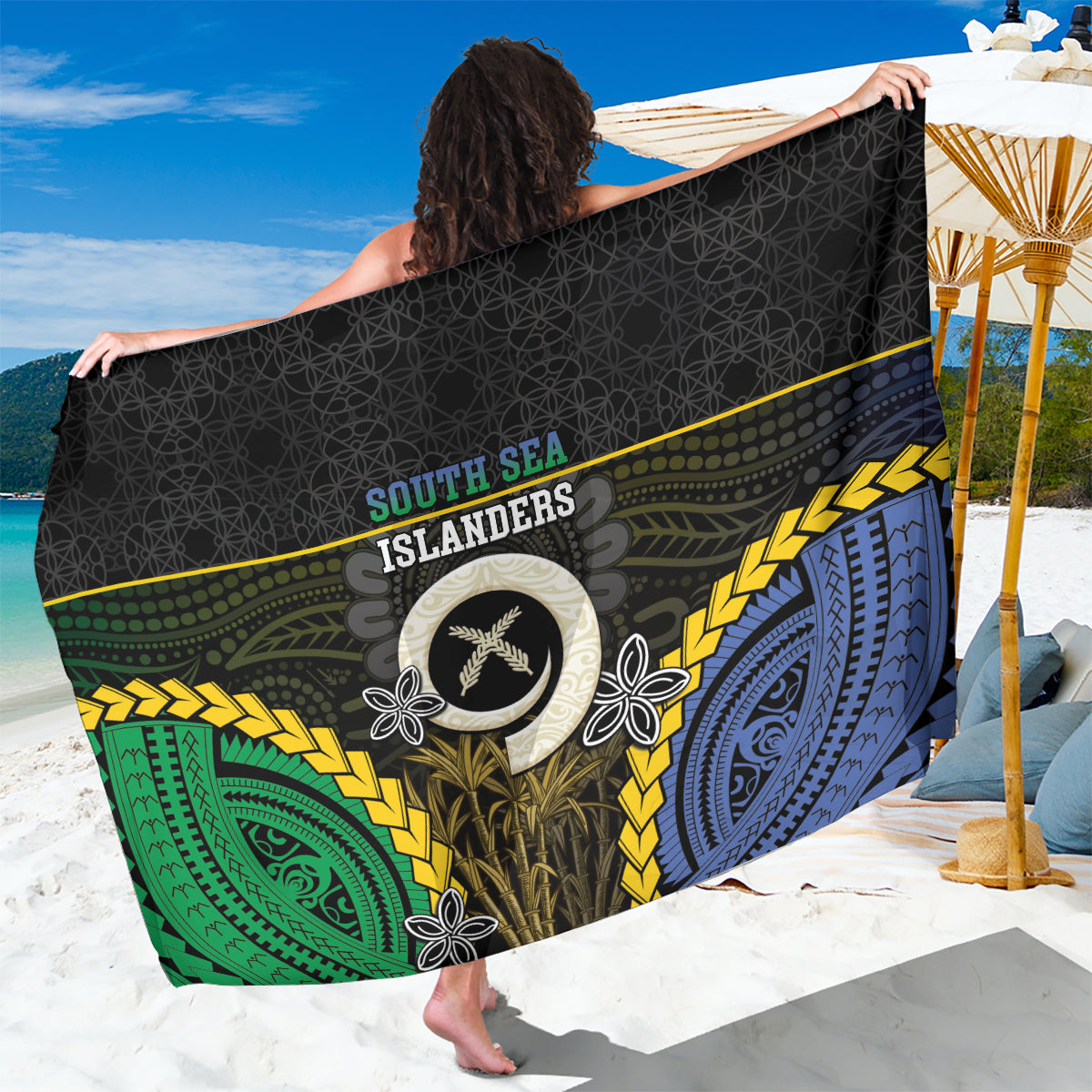 South Sea Islanders And Vanuatu Sarong Kanakas Sand Drawing Pattern LT05 One Size 44 x 66 inches Black - Polynesian Pride