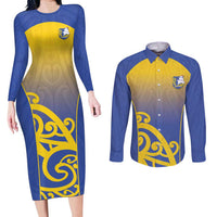 Custom James Cook High School Couples Matching Long Sleeve Bodycon Dress and Long Sleeve Button Shirt Maori Koru Pattern