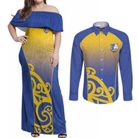 Custom James Cook High School Couples Matching Off Shoulder Maxi Dress and Long Sleeve Button Shirt Maori Koru Pattern LT05 Blue - Polynesian Pride