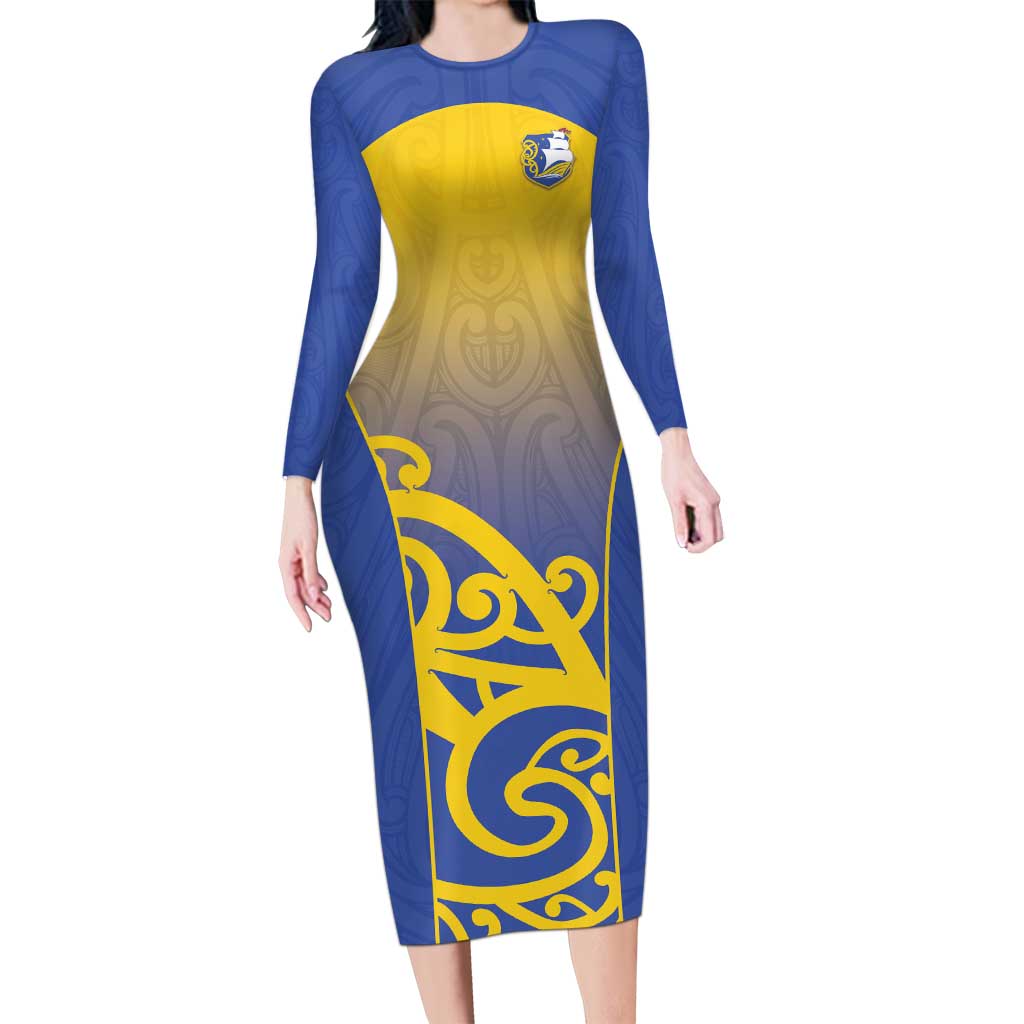 Custom James Cook High School Family Matching Long Sleeve Bodycon Dress and Hawaiian Shirt Maori Koru Pattern LT05 Mom's Dress Blue - Polynesian Pride