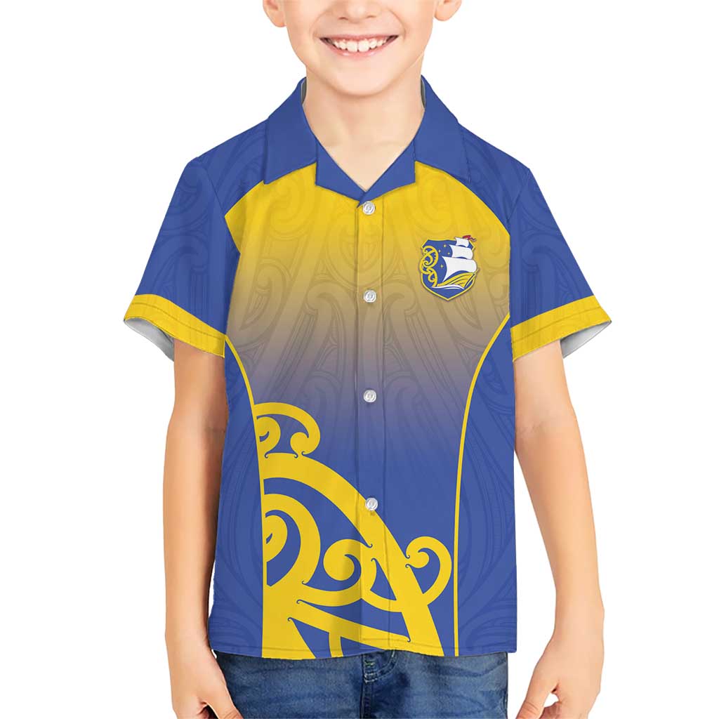 Custom James Cook High School Family Matching Off The Shoulder Long Sleeve Dress and Hawaiian Shirt Maori Koru Pattern LT05 Son's Shirt Blue - Polynesian Pride
