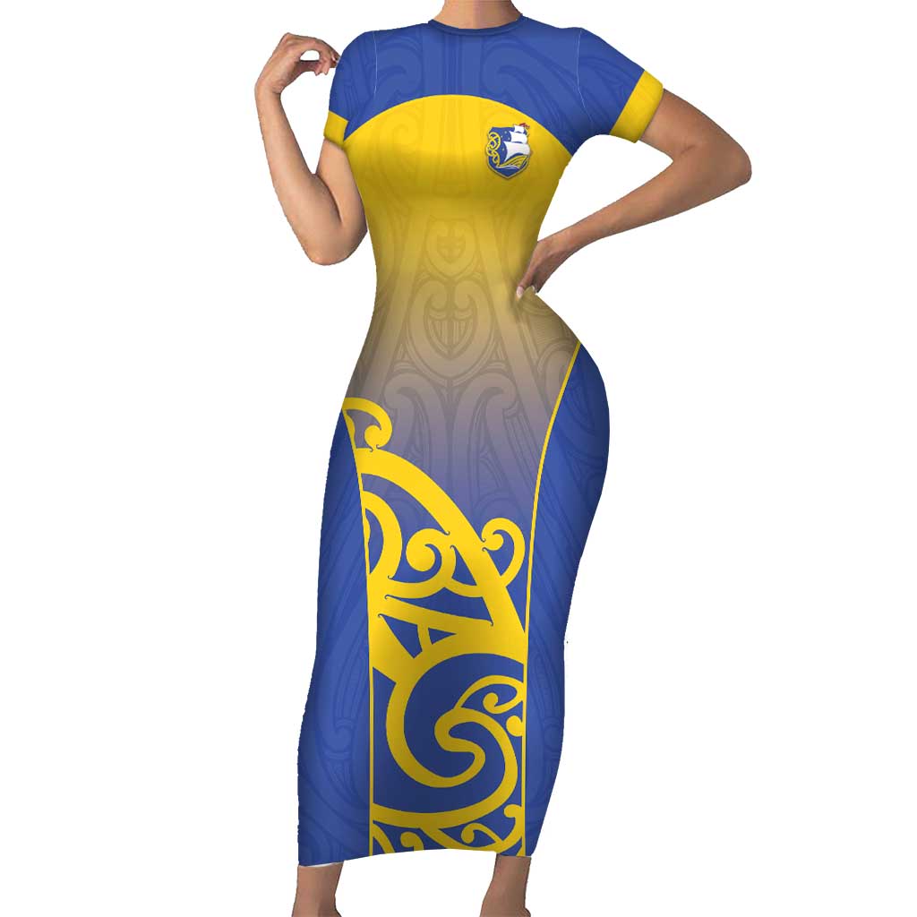 Custom James Cook High School Family Matching Short Sleeve Bodycon Dress and Hawaiian Shirt Maori Koru Pattern LT05 Mom's Dress Blue - Polynesian Pride