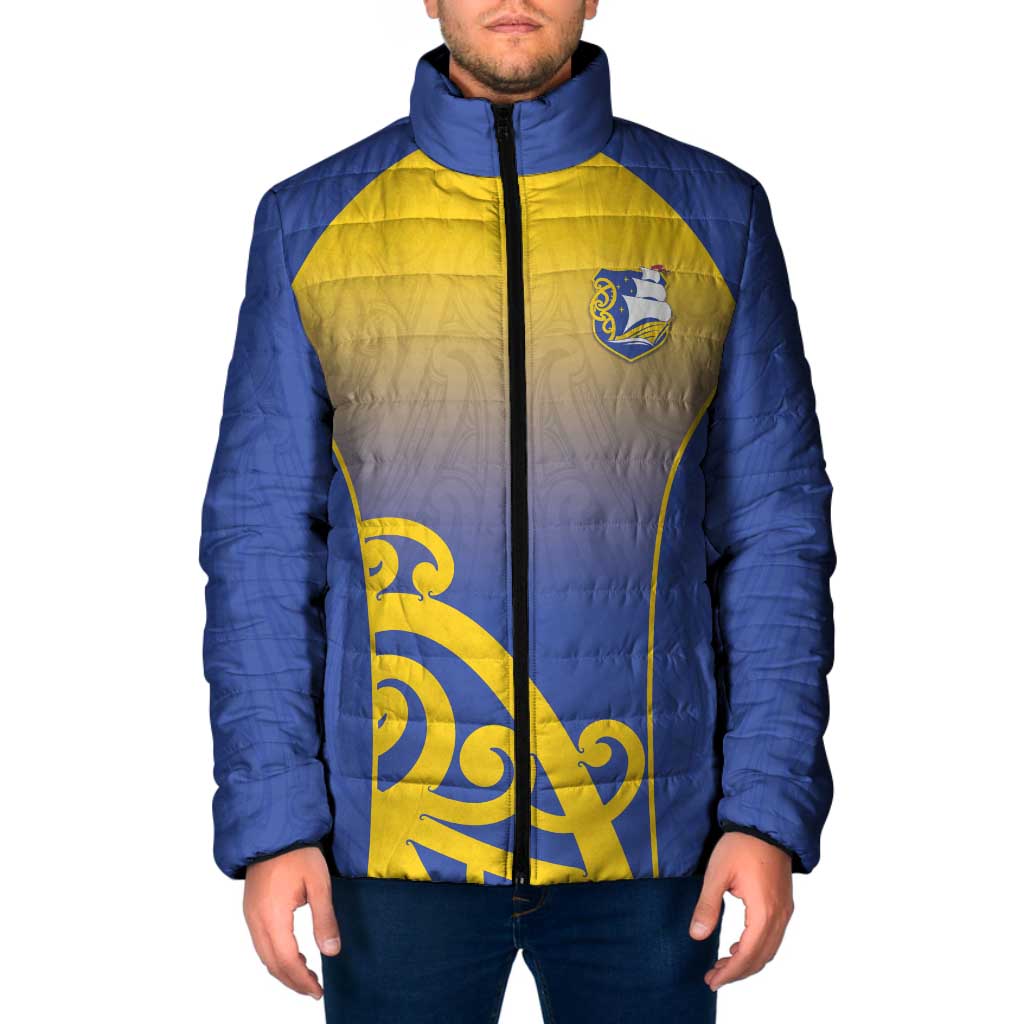 Custom James Cook High School Padded Jacket Maori Koru Pattern LT05 Men Blue - Polynesian Pride