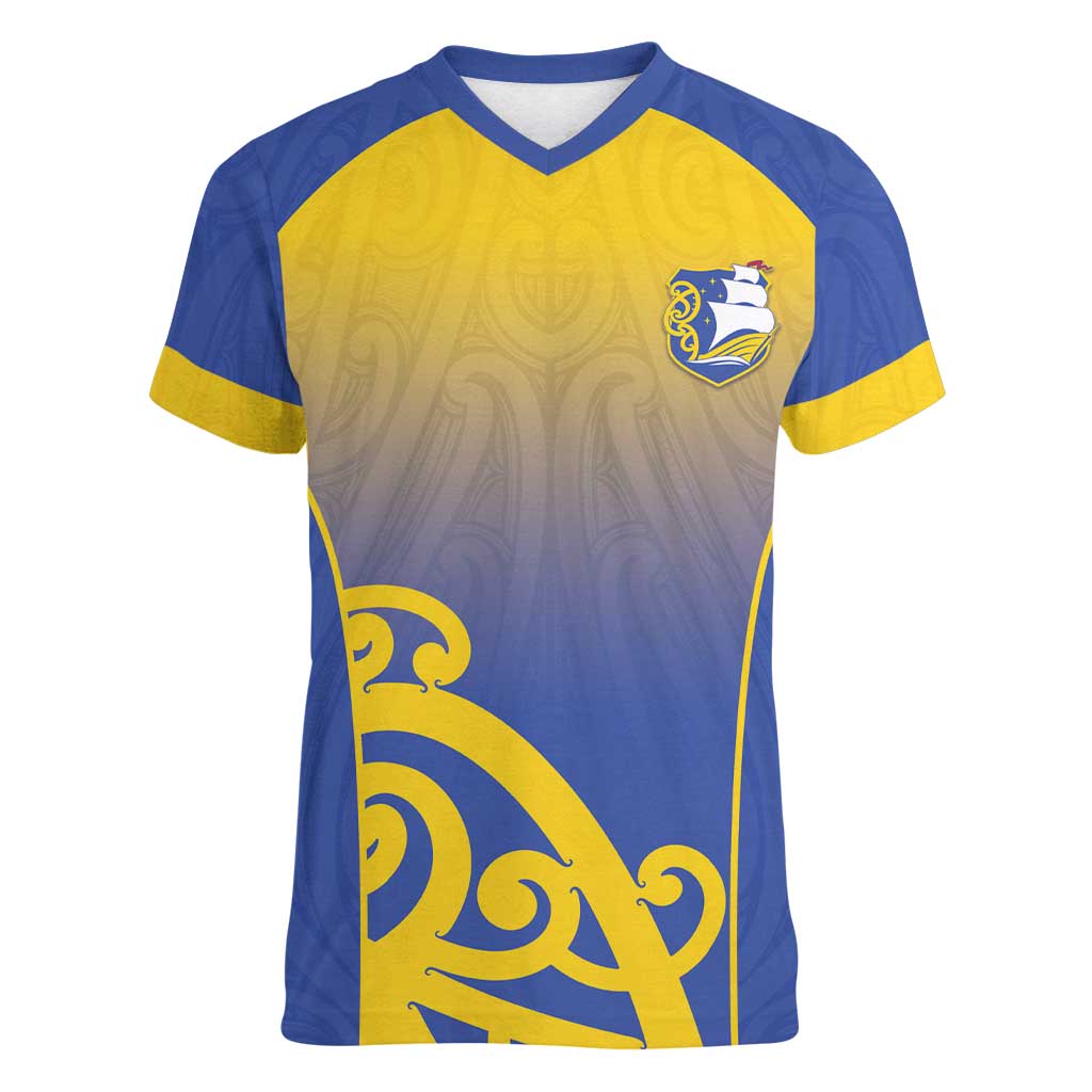 Custom James Cook High School Women V-Neck T-Shirt Maori Koru Pattern LT05 Female Blue - Polynesian Pride