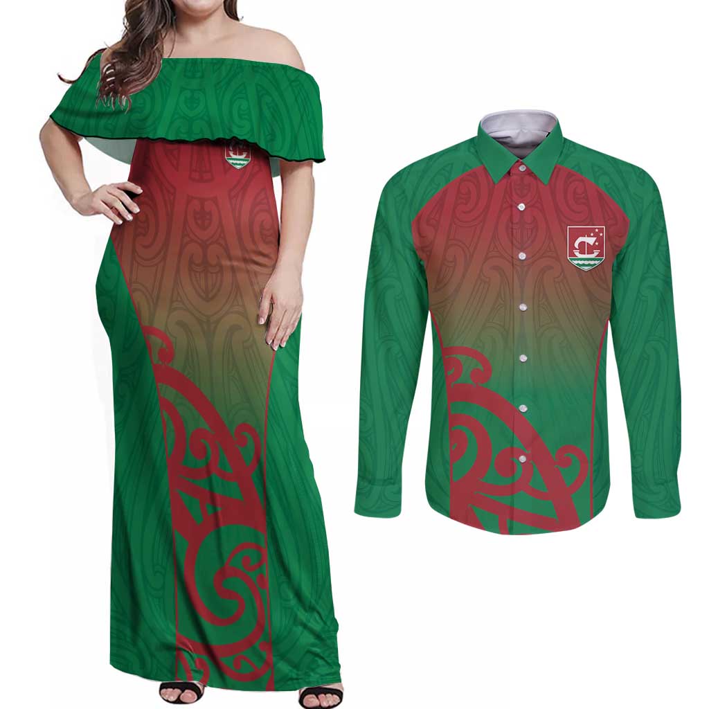 Custom Onehunga High School Couples Matching Off Shoulder Maxi Dress and Long Sleeve Button Shirt Maori Koru Pattern LT05 Green - Polynesian Pride