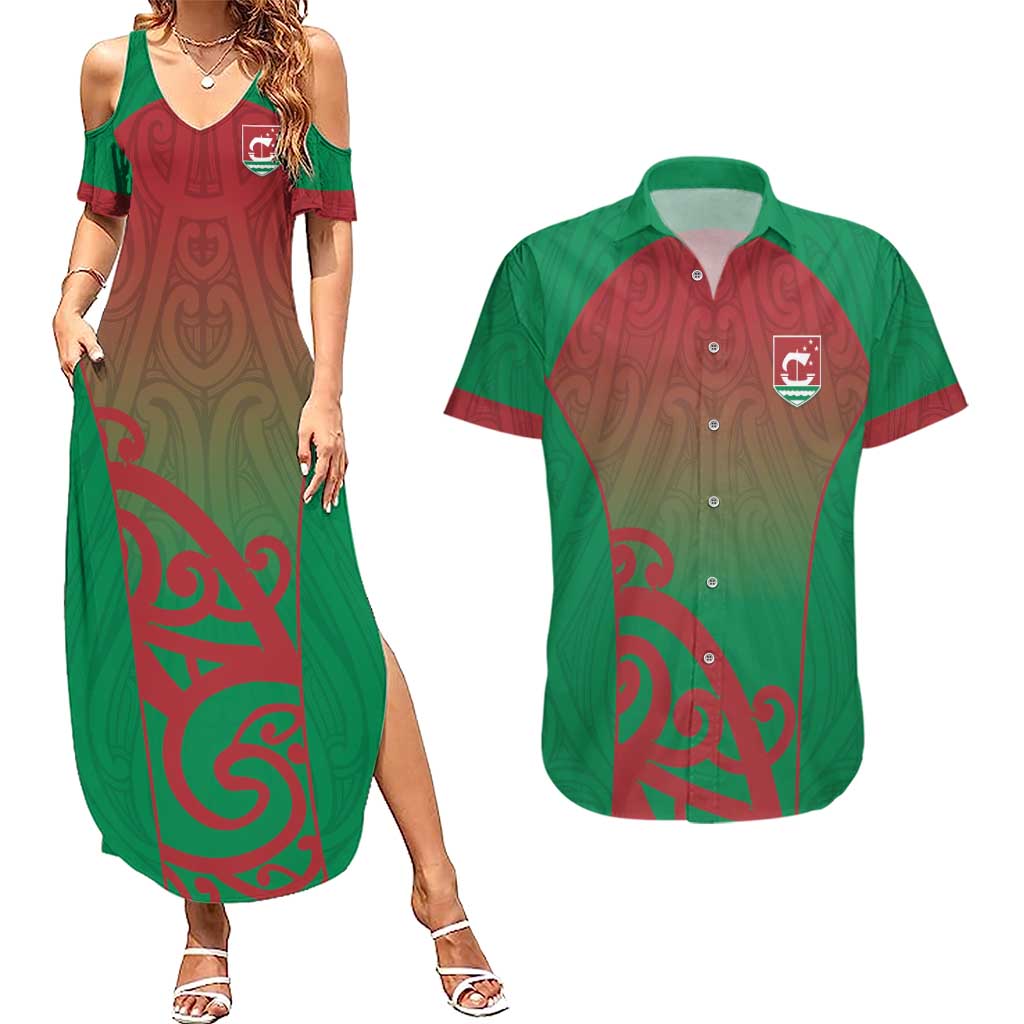 Custom Onehunga High School Couples Matching Summer Maxi Dress and Hawaiian Shirt Maori Koru Pattern LT05 Green - Polynesian Pride