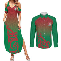 Custom Onehunga High School Couples Matching Summer Maxi Dress and Long Sleeve Button Shirt Maori Koru Pattern LT05 Green - Polynesian Pride