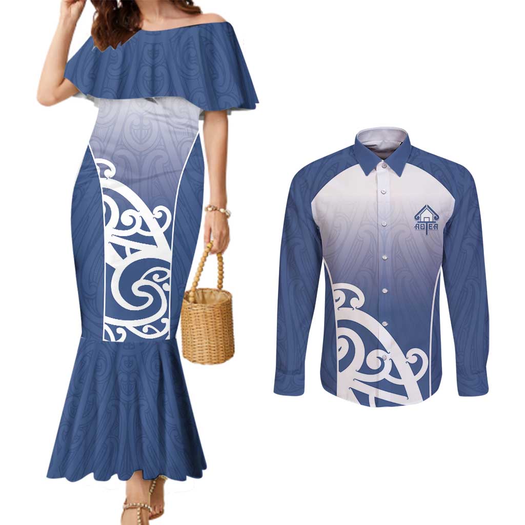 Custom New Zealand Aotea College Couples Matching Mermaid Dress and Long Sleeve Button Shirt Maori Koru Pattern