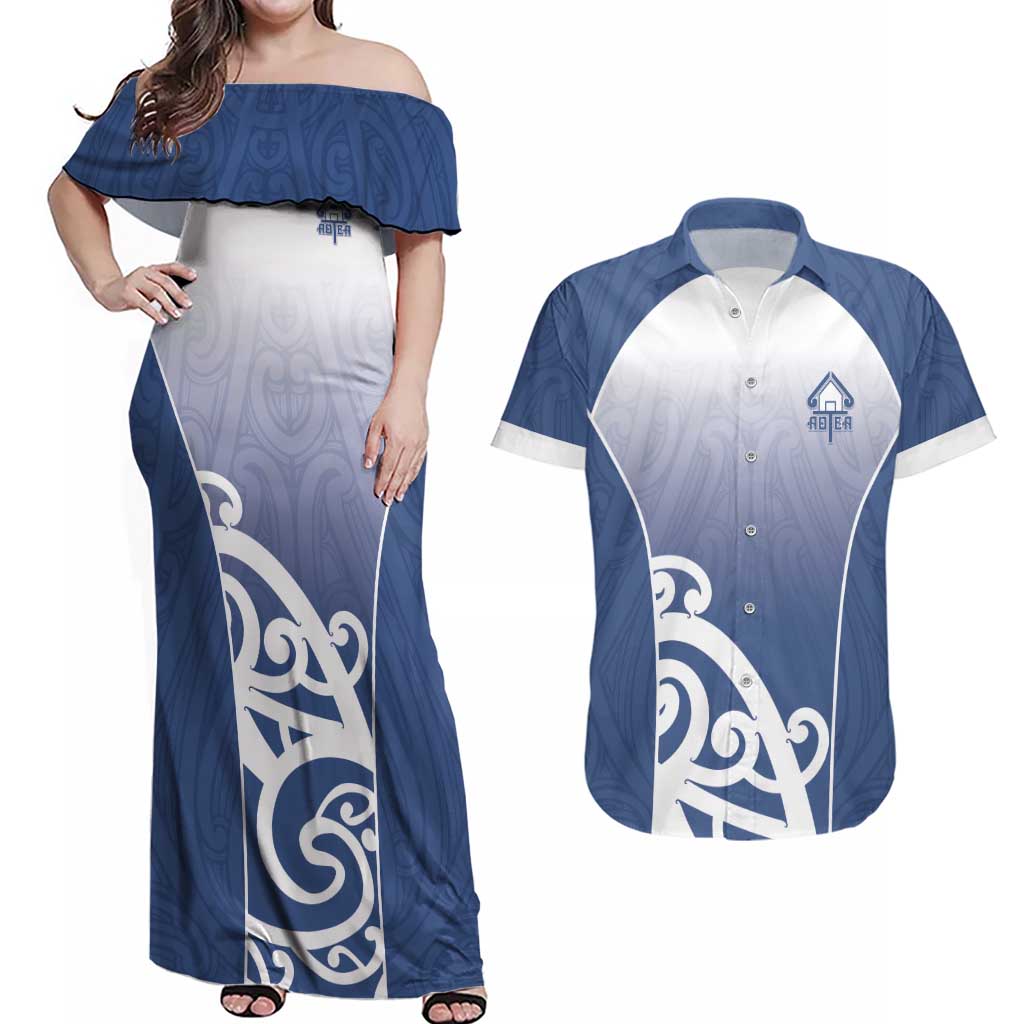 Custom New Zealand Aotea College Couples Matching Off Shoulder Maxi Dress and Hawaiian Shirt Maori Koru Pattern LT05 Blue - Polynesian Pride