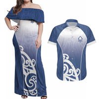 Custom New Zealand Aotea College Couples Matching Off Shoulder Maxi Dress and Hawaiian Shirt Maori Koru Pattern LT05 Blue - Polynesian Pride