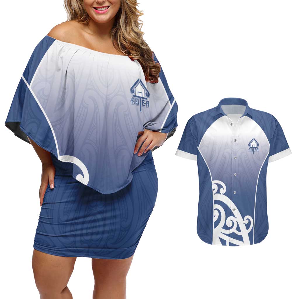Custom New Zealand Aotea College Couples Matching Off Shoulder Short Dress and Hawaiian Shirt Maori Koru Pattern LT05 Blue - Polynesian Pride