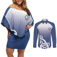 Custom New Zealand Aotea College Couples Matching Off Shoulder Short Dress and Long Sleeve Button Shirt Maori Koru Pattern LT05 Blue - Polynesian Pride