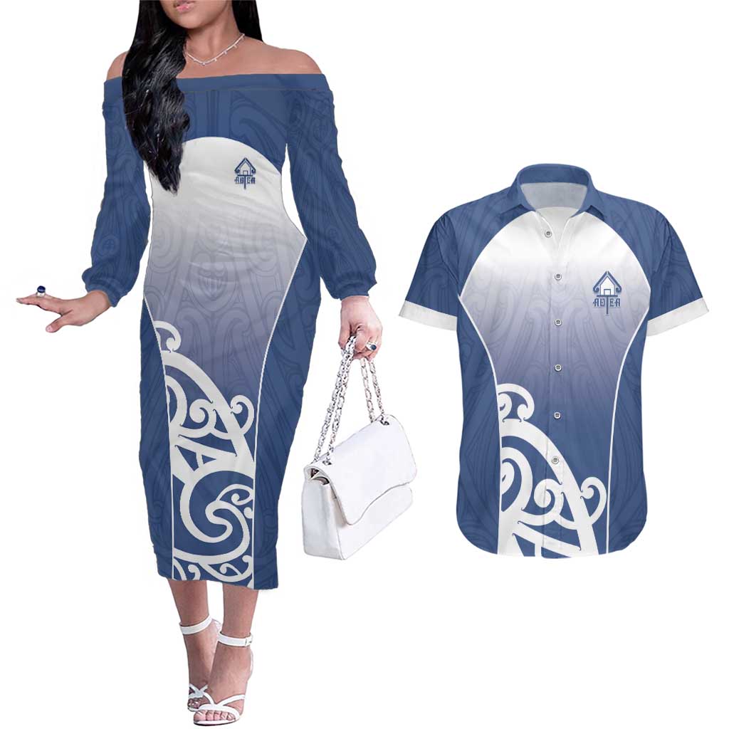 Custom New Zealand Aotea College Couples Matching Off The Shoulder Long Sleeve Dress and Hawaiian Shirt Maori Koru Pattern LT05 Blue - Polynesian Pride