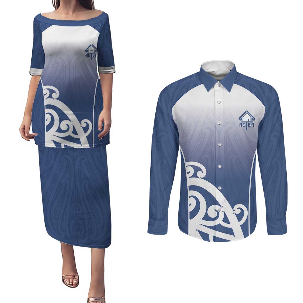 Custom New Zealand Aotea College Couples Matching Puletasi and Long Sleeve Button Shirt Maori Koru Pattern
