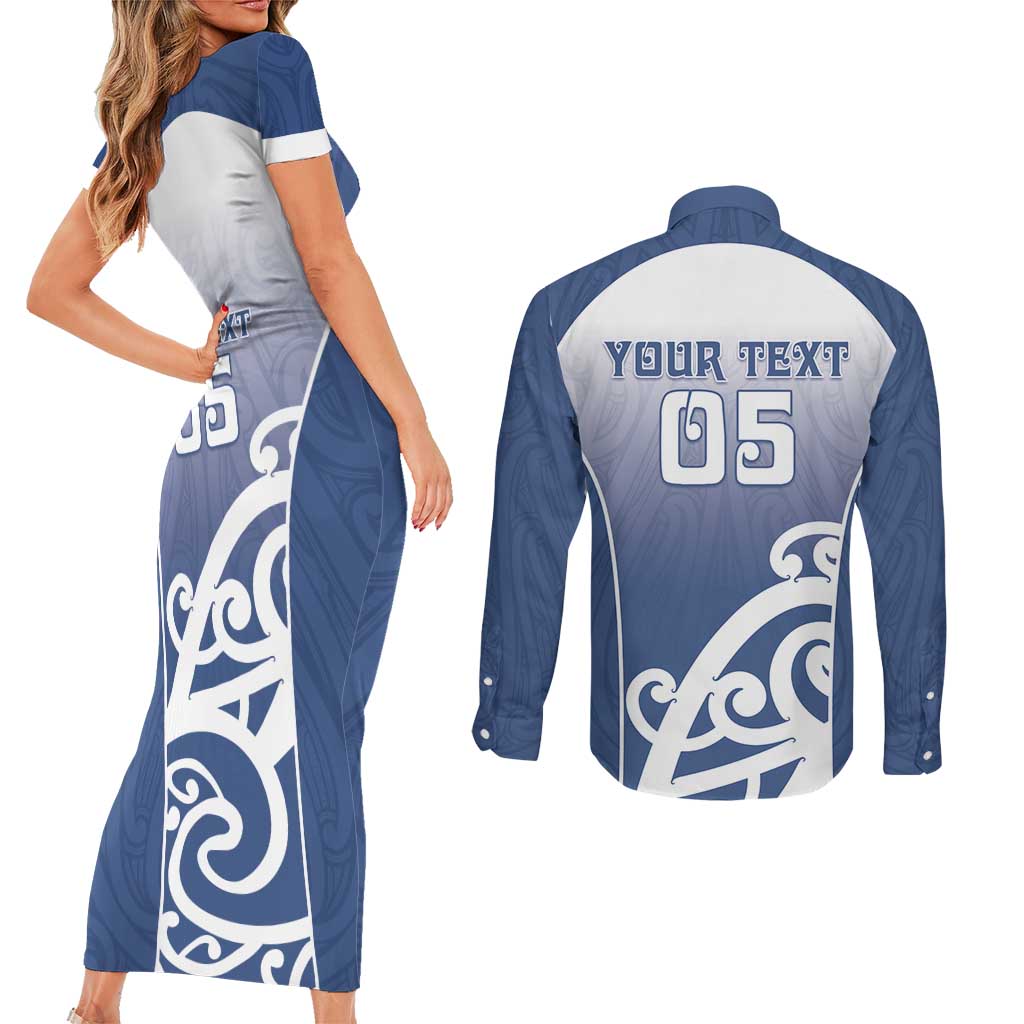 Custom New Zealand Aotea College Couples Matching Short Sleeve Bodycon Dress and Long Sleeve Button Shirt Maori Koru Pattern