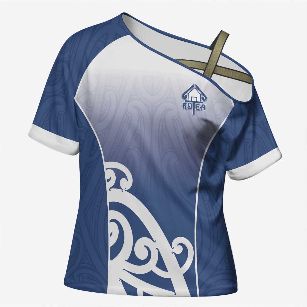 Custom New Zealand Aotea College Cross Shoulder Shirt Maori Koru Pattern LT05 Female Blue - Polynesian Pride