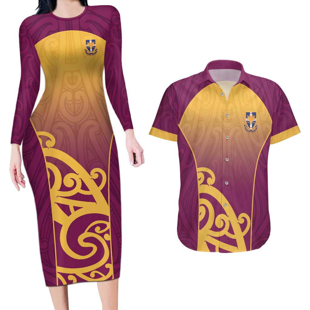 Custom Waiuku College Couples Matching Long Sleeve Bodycon Dress and Hawaiian Shirt Maori Koru Pattern LT05 Maroon - Polynesian Pride