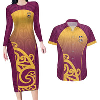 Custom Waiuku College Couples Matching Long Sleeve Bodycon Dress and Hawaiian Shirt Maori Koru Pattern LT05 Maroon - Polynesian Pride