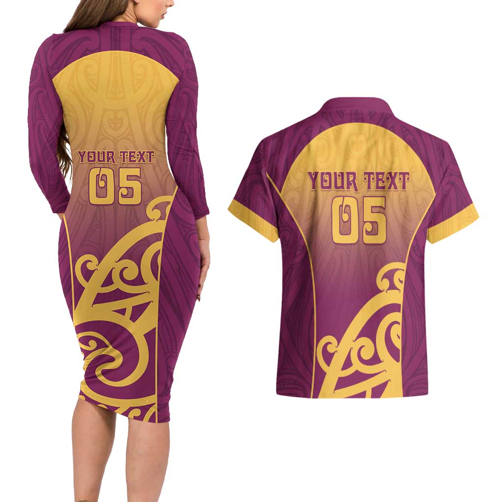 Custom Waiuku College Couples Matching Long Sleeve Bodycon Dress and Hawaiian Shirt Maori Koru Pattern LT05 - Polynesian Pride