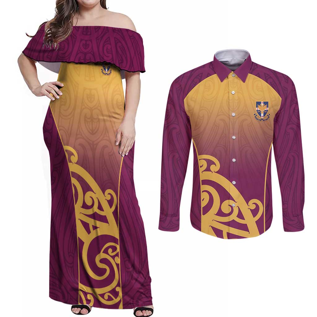 Custom Waiuku College Couples Matching Off Shoulder Maxi Dress and Long Sleeve Button Shirt Maori Koru Pattern LT05 Maroon - Polynesian Pride