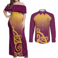 Custom Waiuku College Couples Matching Off Shoulder Maxi Dress and Long Sleeve Button Shirt Maori Koru Pattern LT05 Maroon - Polynesian Pride