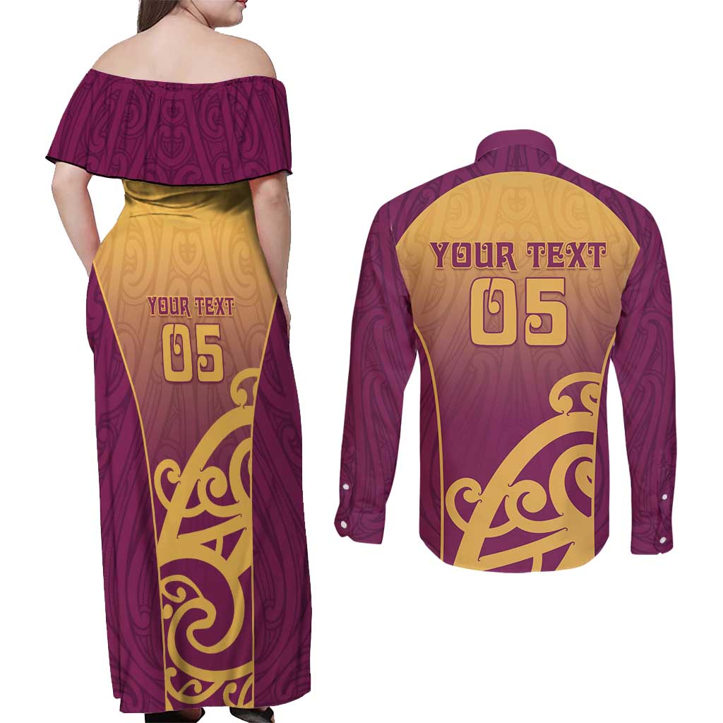 Custom Waiuku College Couples Matching Off Shoulder Maxi Dress and Long Sleeve Button Shirt Maori Koru Pattern LT05 - Polynesian Pride