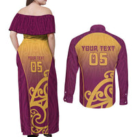 Custom Waiuku College Couples Matching Off Shoulder Maxi Dress and Long Sleeve Button Shirt Maori Koru Pattern LT05 - Polynesian Pride