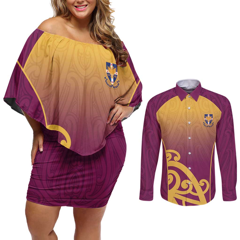 Custom Waiuku College Couples Matching Off Shoulder Short Dress and Long Sleeve Button Shirt Maori Koru Pattern