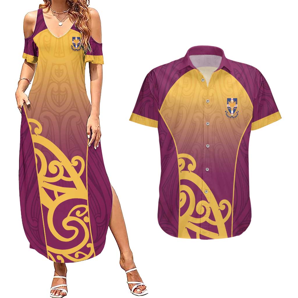 Custom Waiuku College Couples Matching Summer Maxi Dress and Hawaiian Shirt Maori Koru Pattern LT05 Maroon - Polynesian Pride