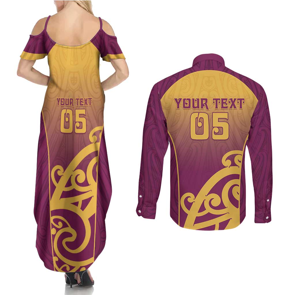 Custom Waiuku College Couples Matching Summer Maxi Dress and Long Sleeve Button Shirt Maori Koru Pattern