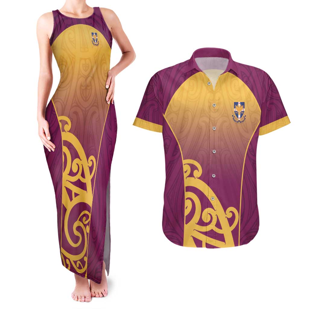 Custom Waiuku College Couples Matching Tank Maxi Dress and Hawaiian Shirt Maori Koru Pattern LT05 Maroon - Polynesian Pride
