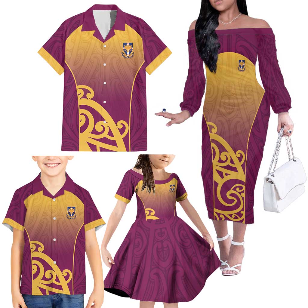 Custom Waiuku College Family Matching Off The Shoulder Long Sleeve Dress and Hawaiian Shirt Maori Koru Pattern
