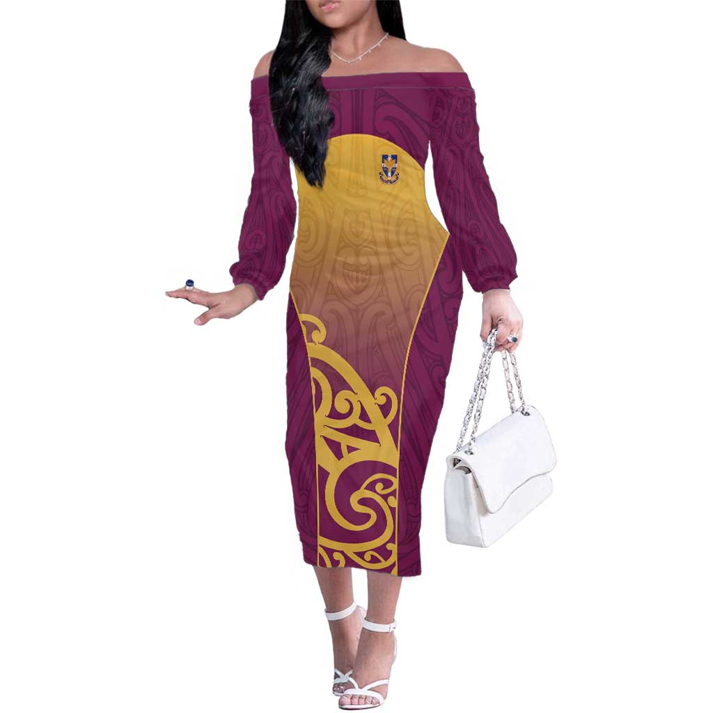 Custom Waiuku College Family Matching Off The Shoulder Long Sleeve Dress and Hawaiian Shirt Maori Koru Pattern LT05 Mom's Dress Maroon - Polynesian Pride